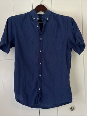 Men's Navy Linen Blend Short-Sleeve Button-Down Shirt